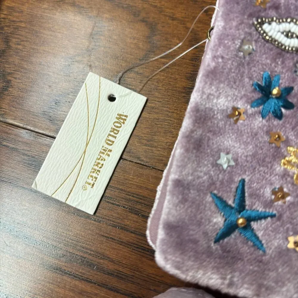 NWT World Market Celestial Beaded Velvet Jewelry Roll Cosmetic Organizer Pouch